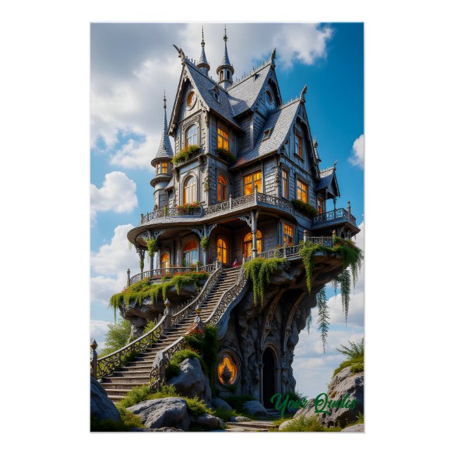 Majestic Gothic Mansion on Cliff Edge Poster (Front)