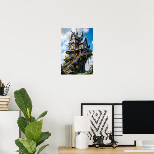 Majestic Gothic Mansion on Cliff Edge Poster