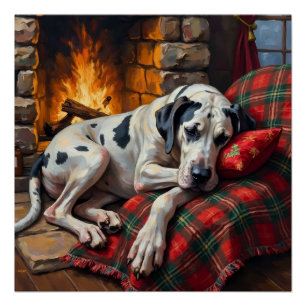 Majestic Great Dane Asleep by Fireplace Cosy Poster