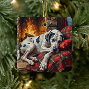 Majestic Great Dane Asleep by Fireplace Cozy Ceramic Ornament