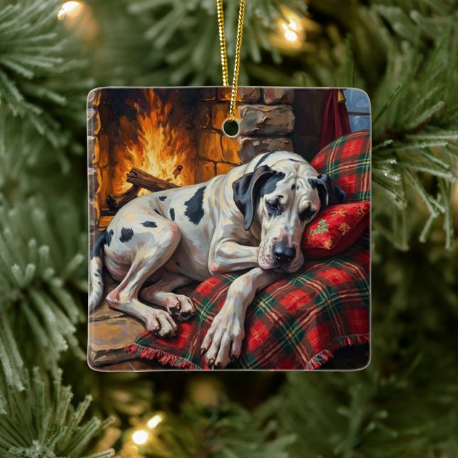 Majestic Great Dane Asleep by Fireplace Cozy Ceramic Ornament (Tree)