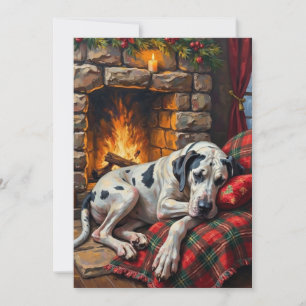 Majestic Great Dane Asleep by Fireplace Cozy Holiday Card