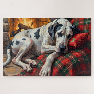 Majestic Great Dane Asleep by Fireplace Cozy Jigsaw Puzzle