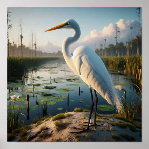 Majestic Great Egret in Tranquil Wetlands Poster