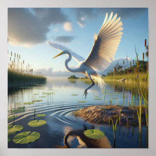 Majestic Great Egret in Tranquil Wetlands Poster