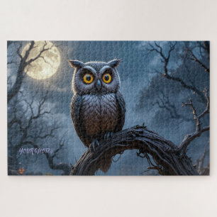 Majestic Great Horned Owl Under Full Moon Jigsaw Puzzle