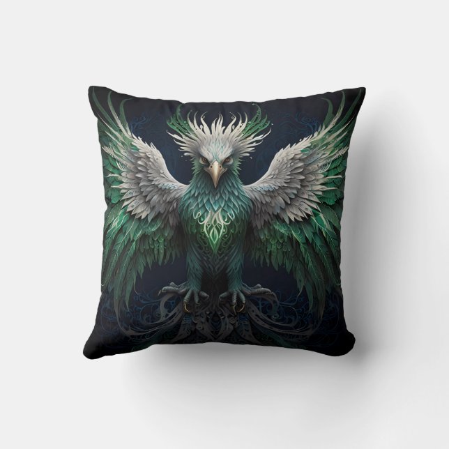 Majestic Green & White Phoenix Bird Cushion (Back)