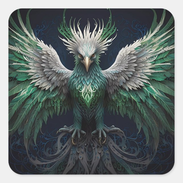 Majestic Green & White Phoenix Bird Square Sticker (Front)