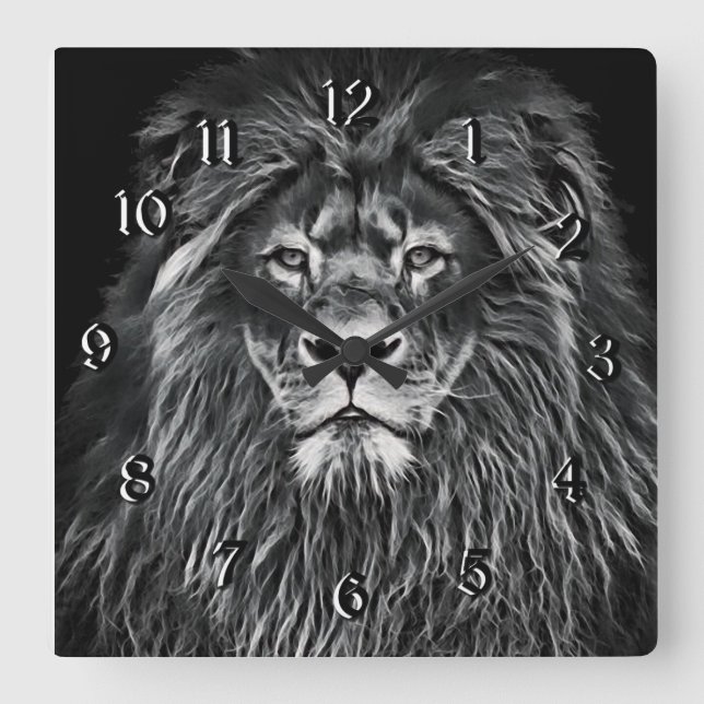 Majestic Grey Lion Square Wall Clock (Front)