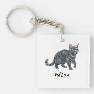 Majestic Grey Tabby Cat with Green Eyes Illustrati Key Ring