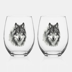 Majestic Grey Wolf Stunning Watercolor Wildlife Stemless Wine Glass