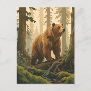 Majestic Grizzly Bear in Pine Forest Vector Art Postcard