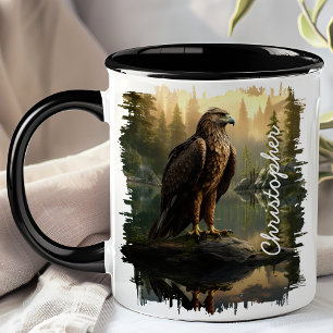 Majestic Hawk Forest Lake Illustration Mug