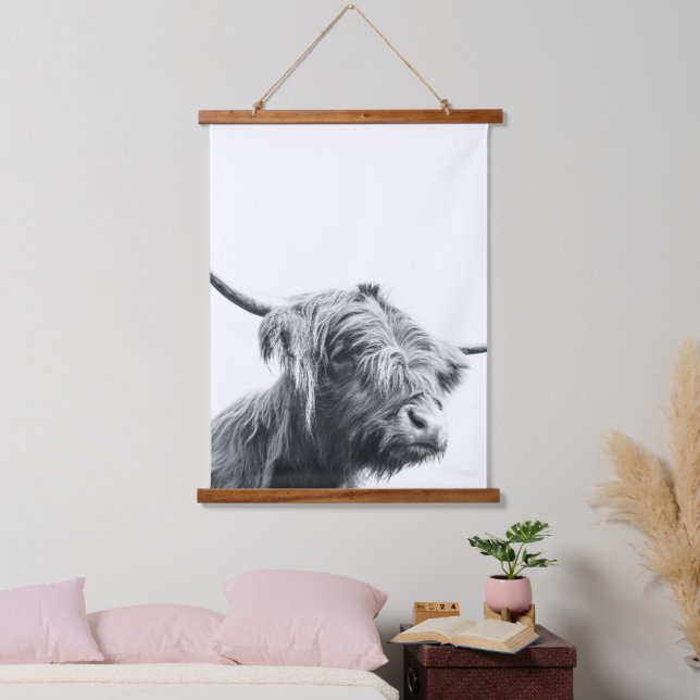 Majestic Highland cow black and white Hanging Tapestry (Bedroom)