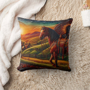 Majestic Horse in Colourful Sunset Landscape Cushion