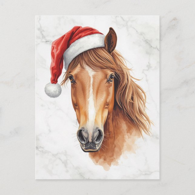 Majestic Horse in Santa Hat Watercolor Holiday Postcard (Front)