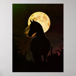 Majestic Horse Silhouette Under Full Moon Poster