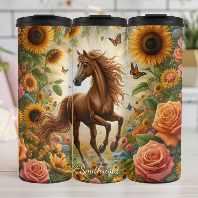 Majestic Horse Sunflower Garden Butterflies Thermal Tumbler (Creator Uploaded)