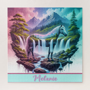 Majestic Horse Waterfall Purple Pink Turquoise Jigsaw Puzzle