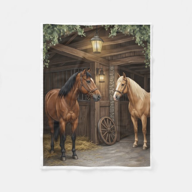 Majestic Horses Inside Rustic Stable Fleece Blanke Blanket (Front)