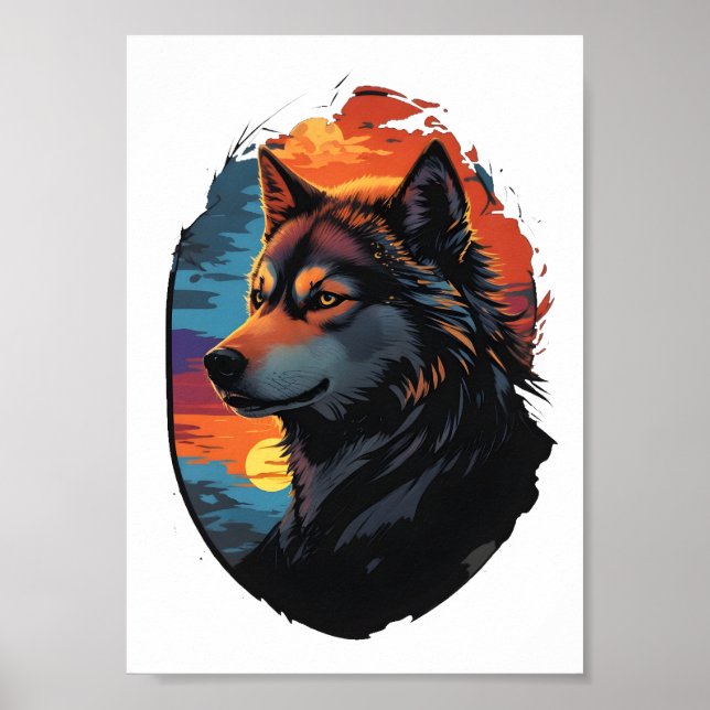 Majestic Husky Against a Sunset Sky Serenity View Poster (Front)