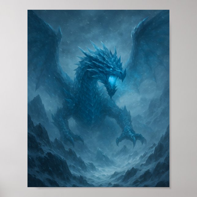 Majestic Ice Dragon in Frozen Storm Fantasy Poster (Front)