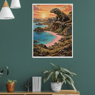 Majestic Komodo Dragon Overlooking Pink Beach Poster