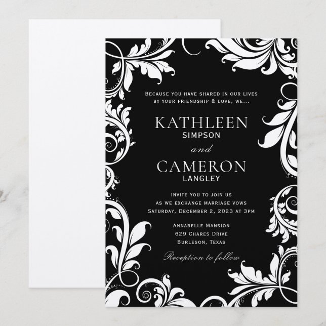 Majestic Leaves Invitation Template | Black & Ecru (Front/Back)
