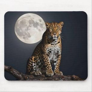 Majestic Leopard and Full Moon   Mouse Pad