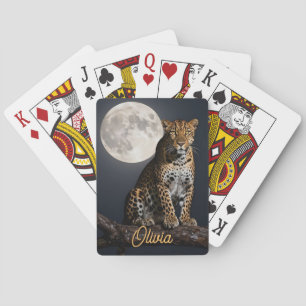Majestic Leopard and Full Moon Personalized Playing Cards