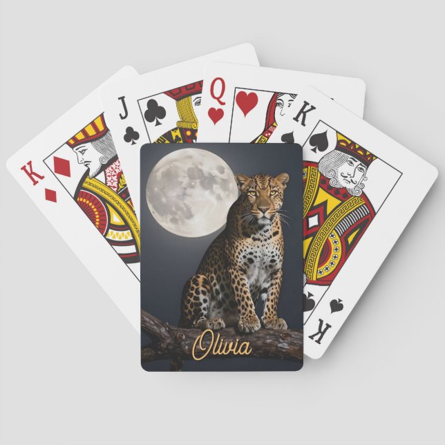 Majestic Leopard and Full Moon Personalized Playing Cards (Back)