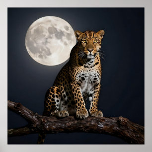 Majestic Leopard and Full Moon   Poster