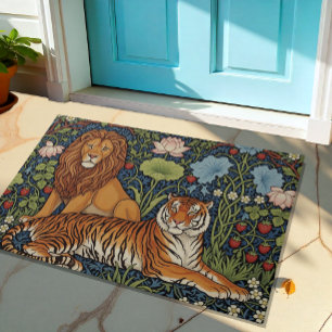 Majestic Lion and Tiger Art, Jungle, Lotus, Floral Doormat