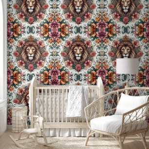 Majestic Lion & Boho Floral Harmony Wallpaper