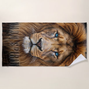 Majestic Lion Face with Blue Eyes Wildlife Anima Beach Towel