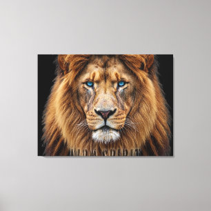 Majestic Lion Face with Blue Eyes   Wildlife Anima Canvas Print