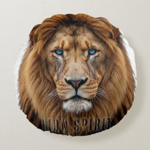 Majestic Lion Face with Blue Eyes Wildlife Anima Round Cushion