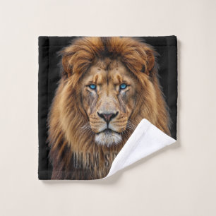 Majestic Lion Face with Blue Eyes   Wildlife Anima Wash Cloth