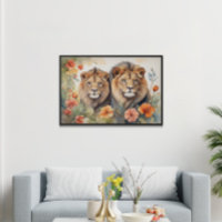 Majestic Lion & Floral Watercolor Art Print