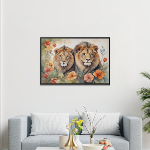 Majestic Lion & Floral Watercolor Art Print 