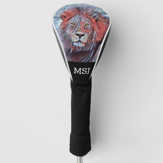 Majestic Lion Head in Red and Blue with Monogram Golf Head Cover (Front)