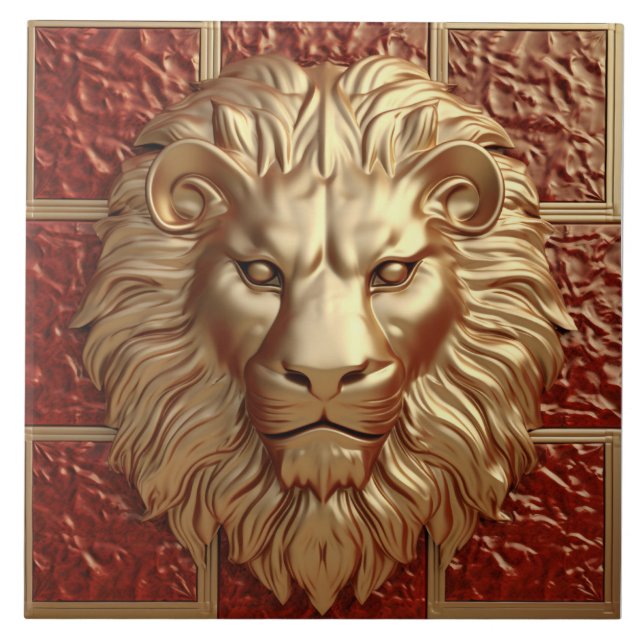Majestic Lion Head with Golden Border Ceramic Tile (Front)