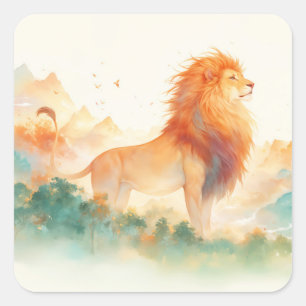 Majestic Lion Overlooking a Misty Horizon Square Sticker