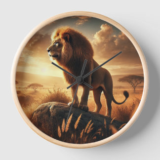 majestic lion proudly stands on a rock clock