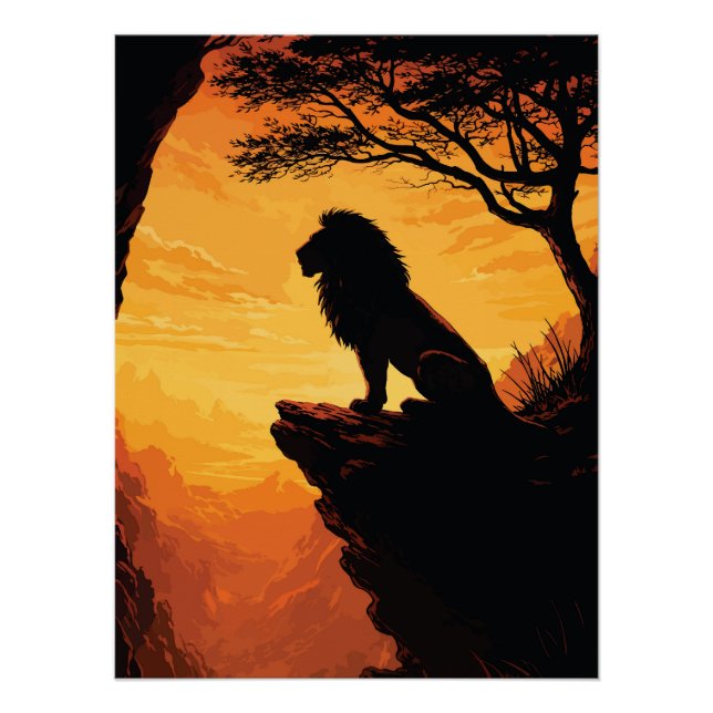 Majestic Lion Silhouette Sunset Cliff Tree Poster (Front)