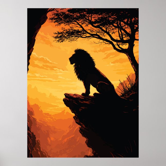 Majestic Lion Silhouette Sunset Cliff Tree Poster (Front)
