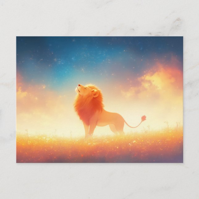Majestic Lion Starry Sunset Meadow Postcard (Front)