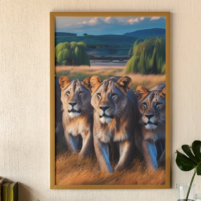 Majestic Lions Roaming Through Verdant Field Poster (Creator Uploaded)