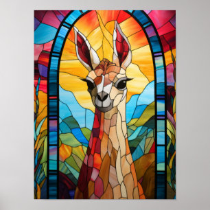Majestic Llama Sunset Stained Glass Window Art Poster