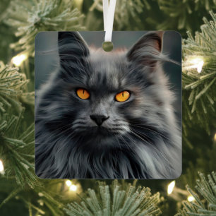 Majestic Long-Haired Cat Portrait Design Metal Tree Decoration